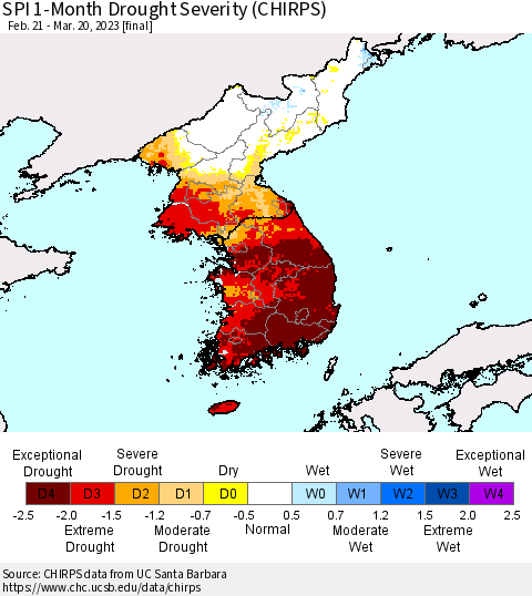Korea SPI 1-Month Drought Severity (CHIRPS) Thematic Map For 2/21/2023 - 3/20/2023