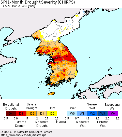 Korea SPI 1-Month Drought Severity (CHIRPS) Thematic Map For 2/26/2023 - 3/25/2023