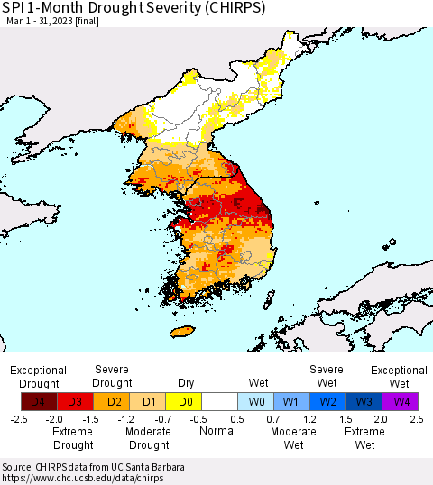 Korea SPI 1-Month Drought Severity (CHIRPS) Thematic Map For 3/1/2023 - 3/31/2023