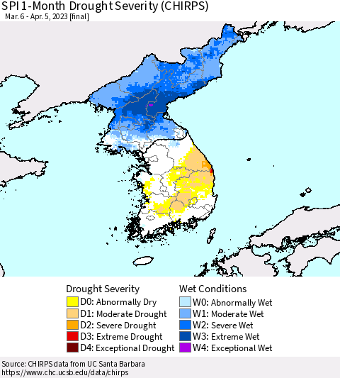 Korea SPI 1-Month Drought Severity (CHIRPS) Thematic Map For 3/6/2023 - 4/5/2023