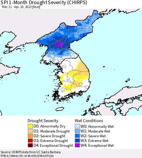Korea SPI 1-Month Drought Severity (CHIRPS) Thematic Map For 3/11/2023 - 4/10/2023