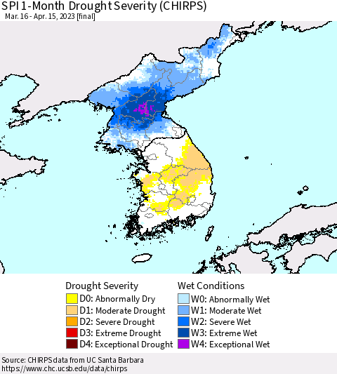 Korea SPI 1-Month Drought Severity (CHIRPS) Thematic Map For 3/16/2023 - 4/15/2023