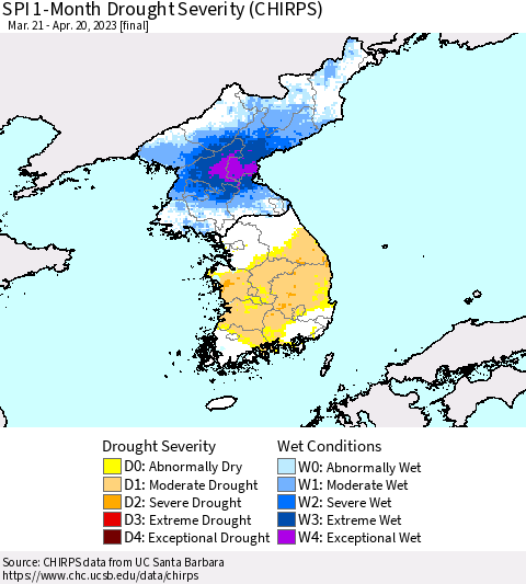 Korea SPI 1-Month Drought Severity (CHIRPS) Thematic Map For 3/21/2023 - 4/20/2023