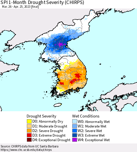 Korea SPI 1-Month Drought Severity (CHIRPS) Thematic Map For 3/26/2023 - 4/25/2023