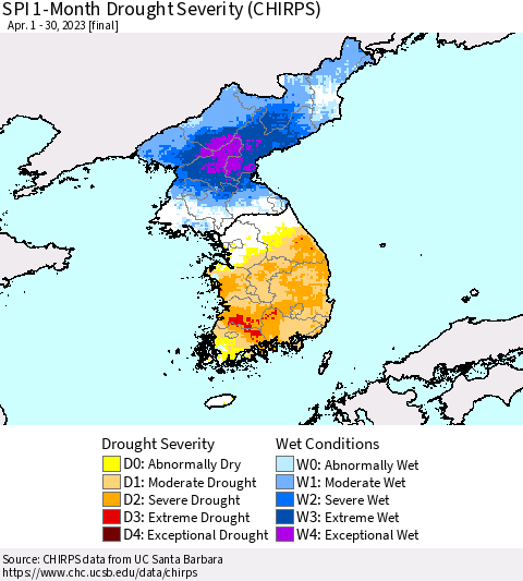Korea SPI 1-Month Drought Severity (CHIRPS) Thematic Map For 4/1/2023 - 4/30/2023