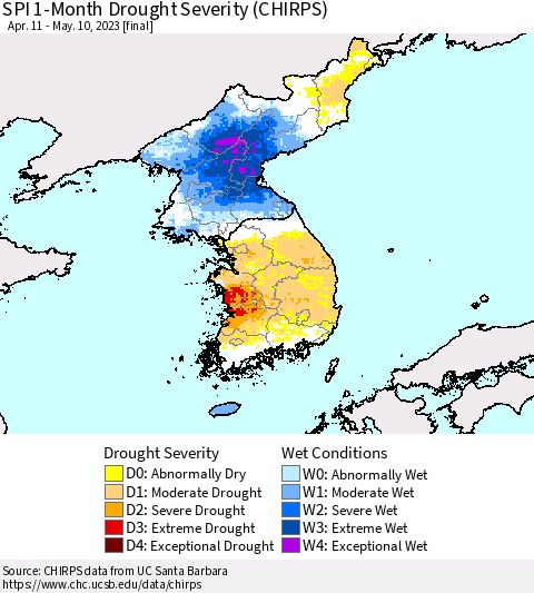 Korea SPI 1-Month Drought Severity (CHIRPS) Thematic Map For 4/11/2023 - 5/10/2023