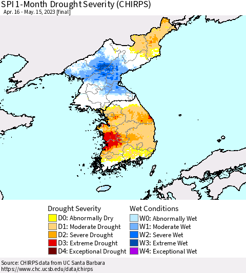 Korea SPI 1-Month Drought Severity (CHIRPS) Thematic Map For 4/16/2023 - 5/15/2023