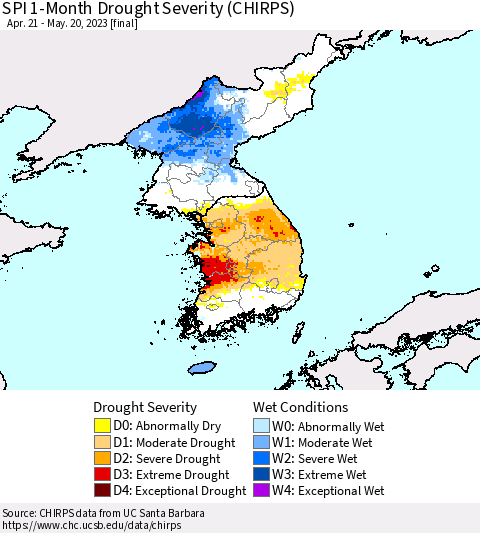 Korea SPI 1-Month Drought Severity (CHIRPS) Thematic Map For 4/21/2023 - 5/20/2023
