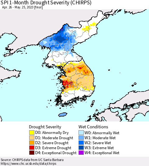 Korea SPI 1-Month Drought Severity (CHIRPS) Thematic Map For 4/26/2023 - 5/25/2023