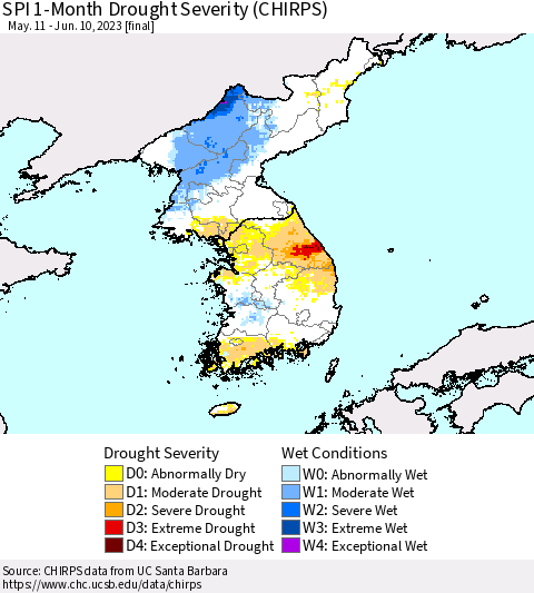 Korea SPI 1-Month Drought Severity (CHIRPS) Thematic Map For 5/11/2023 - 6/10/2023
