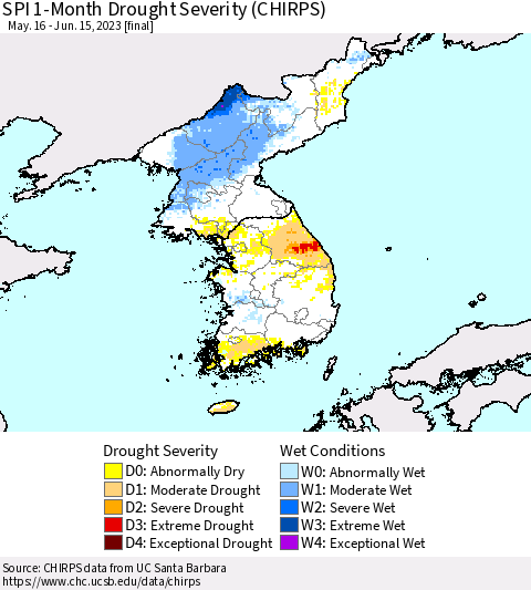 Korea SPI 1-Month Drought Severity (CHIRPS) Thematic Map For 5/16/2023 - 6/15/2023