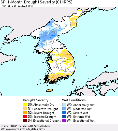 Korea SPI 1-Month Drought Severity (CHIRPS) Thematic Map For 5/21/2023 - 6/20/2023