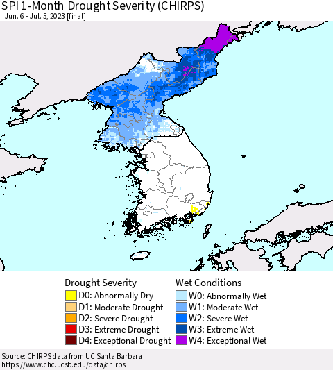 Korea SPI 1-Month Drought Severity (CHIRPS) Thematic Map For 6/6/2023 - 7/5/2023