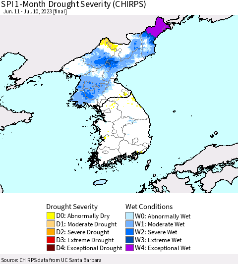 Korea SPI 1-Month Drought Severity (CHIRPS) Thematic Map For 6/11/2023 - 7/10/2023