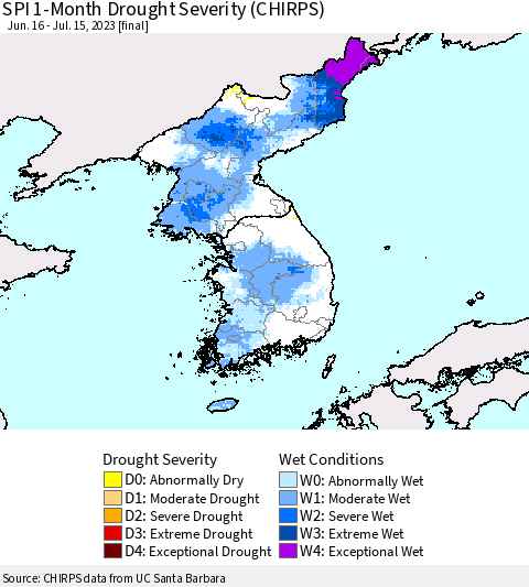 Korea SPI 1-Month Drought Severity (CHIRPS) Thematic Map For 6/16/2023 - 7/15/2023