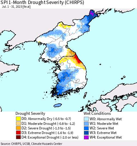 Korea SPI 1-Month Drought Severity (CHIRPS) Thematic Map For 7/1/2023 - 7/31/2023