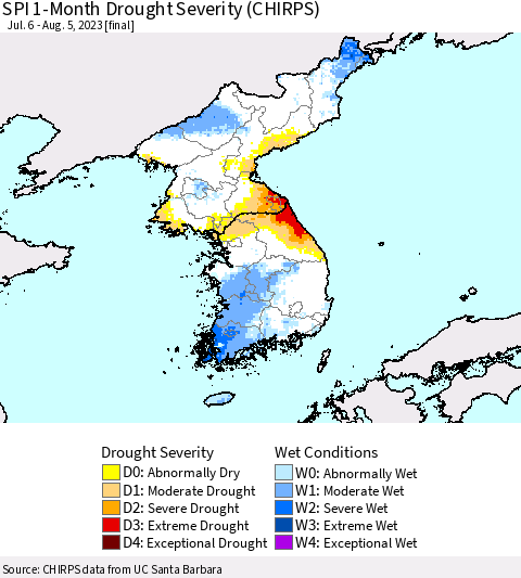 Korea SPI 1-Month Drought Severity (CHIRPS) Thematic Map For 7/6/2023 - 8/5/2023