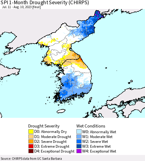 Korea SPI 1-Month Drought Severity (CHIRPS) Thematic Map For 7/11/2023 - 8/10/2023