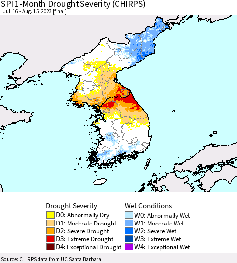 Korea SPI 1-Month Drought Severity (CHIRPS) Thematic Map For 7/16/2023 - 8/15/2023