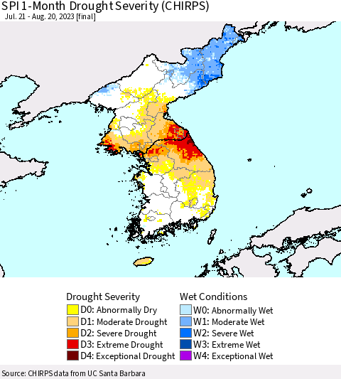 Korea SPI 1-Month Drought Severity (CHIRPS) Thematic Map For 7/21/2023 - 8/20/2023