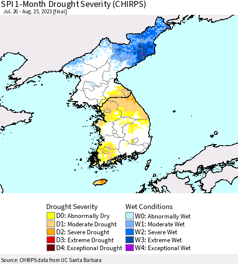 Korea SPI 1-Month Drought Severity (CHIRPS) Thematic Map For 7/26/2023 - 8/25/2023