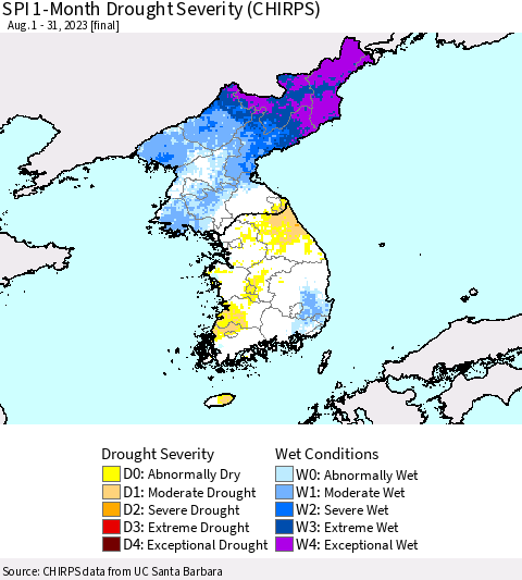 Korea SPI 1-Month Drought Severity (CHIRPS) Thematic Map For 8/1/2023 - 8/31/2023