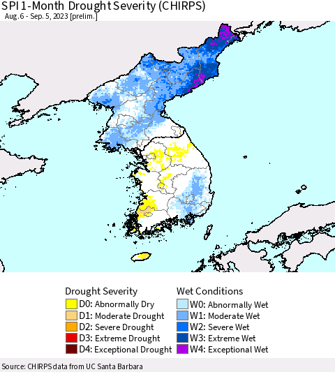 Korea SPI 1-Month Drought Severity (CHIRPS) Thematic Map For 8/6/2023 - 9/5/2023