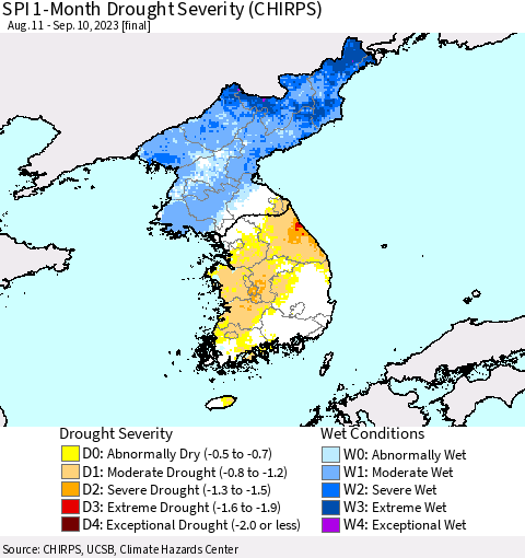 Korea SPI 1-Month Drought Severity (CHIRPS) Thematic Map For 8/11/2023 - 9/10/2023