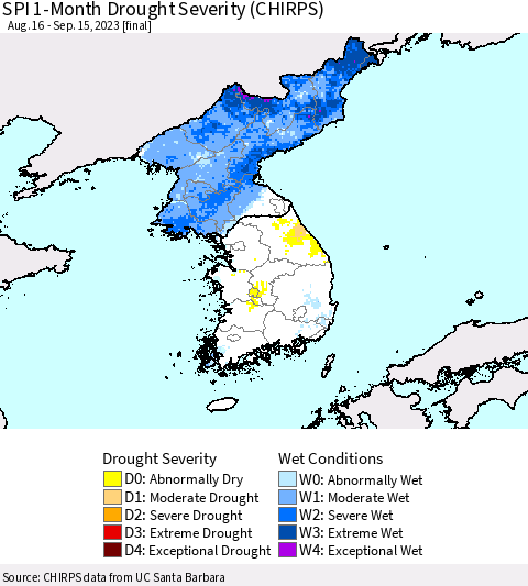 Korea SPI 1-Month Drought Severity (CHIRPS) Thematic Map For 8/16/2023 - 9/15/2023