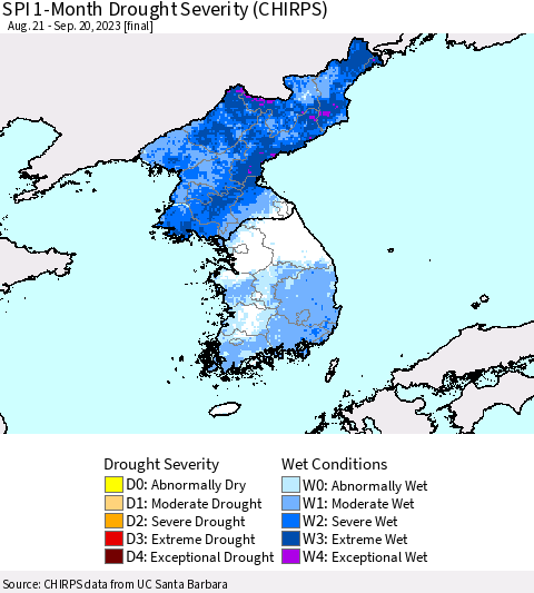 Korea SPI 1-Month Drought Severity (CHIRPS) Thematic Map For 8/21/2023 - 9/20/2023