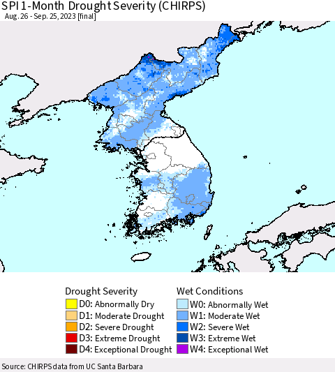 Korea SPI 1-Month Drought Severity (CHIRPS) Thematic Map For 8/26/2023 - 9/25/2023