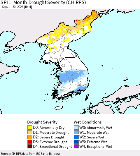 Korea SPI 1-Month Drought Severity (CHIRPS) Thematic Map For 9/1/2023 - 9/30/2023