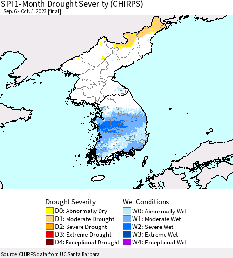 Korea SPI 1-Month Drought Severity (CHIRPS) Thematic Map For 9/6/2023 - 10/5/2023
