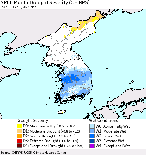 Korea SPI 1-Month Drought Severity (CHIRPS) Thematic Map For 9/6/2023 - 10/5/2023