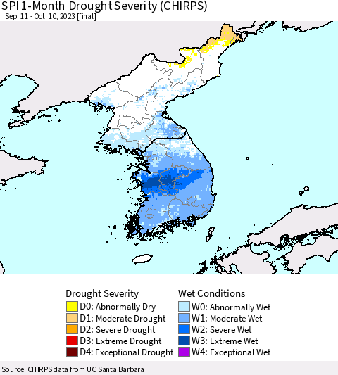 Korea SPI 1-Month Drought Severity (CHIRPS) Thematic Map For 9/11/2023 - 10/10/2023