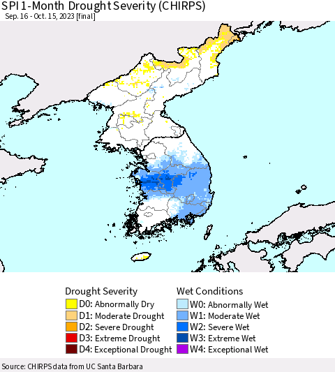 Korea SPI 1-Month Drought Severity (CHIRPS) Thematic Map For 9/16/2023 - 10/15/2023