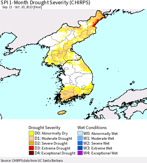 Korea SPI 1-Month Drought Severity (CHIRPS) Thematic Map For 9/21/2023 - 10/20/2023