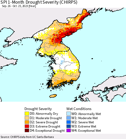 Korea SPI 1-Month Drought Severity (CHIRPS) Thematic Map For 9/26/2023 - 10/25/2023