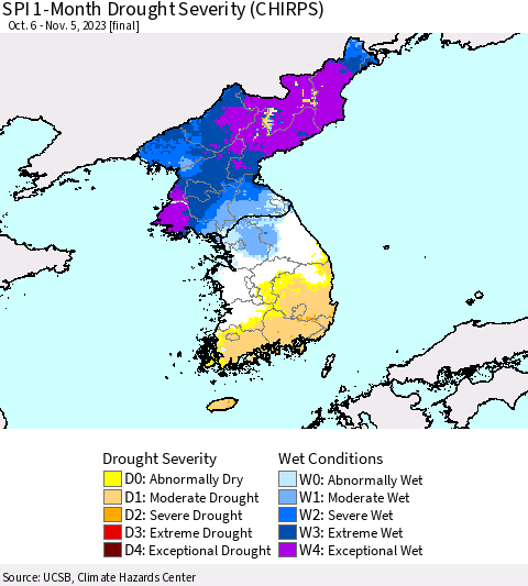 Korea SPI 1-Month Drought Severity (CHIRPS) Thematic Map For 10/6/2023 - 11/5/2023