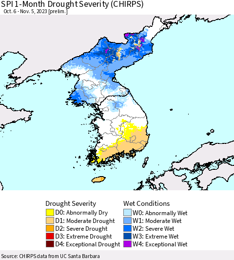 Korea SPI 1-Month Drought Severity (CHIRPS) Thematic Map For 10/6/2023 - 11/5/2023