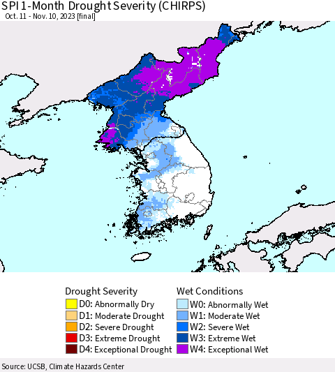Korea SPI 1-Month Drought Severity (CHIRPS) Thematic Map For 10/11/2023 - 11/10/2023