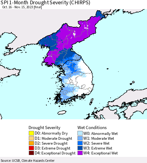 Korea SPI 1-Month Drought Severity (CHIRPS) Thematic Map For 10/16/2023 - 11/15/2023