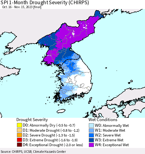 Korea SPI 1-Month Drought Severity (CHIRPS) Thematic Map For 10/16/2023 - 11/15/2023