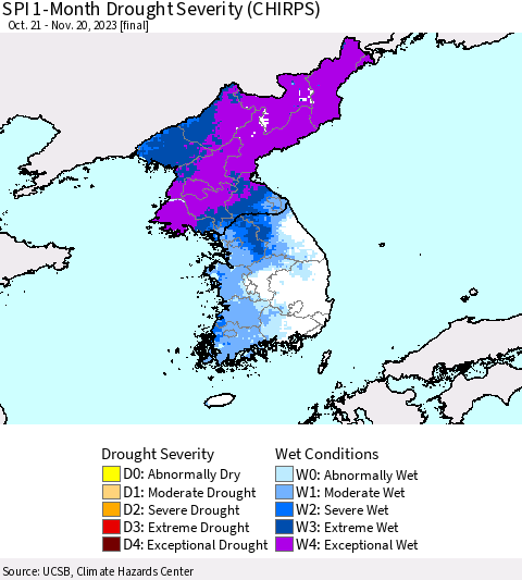 Korea SPI 1-Month Drought Severity (CHIRPS) Thematic Map For 10/21/2023 - 11/20/2023