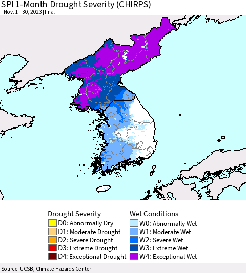 Korea SPI 1-Month Drought Severity (CHIRPS) Thematic Map For 11/1/2023 - 11/30/2023