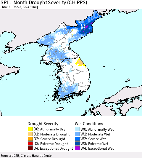 Korea SPI 1-Month Drought Severity (CHIRPS) Thematic Map For 11/6/2023 - 12/5/2023