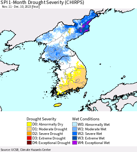 Korea SPI 1-Month Drought Severity (CHIRPS) Thematic Map For 11/11/2023 - 12/10/2023