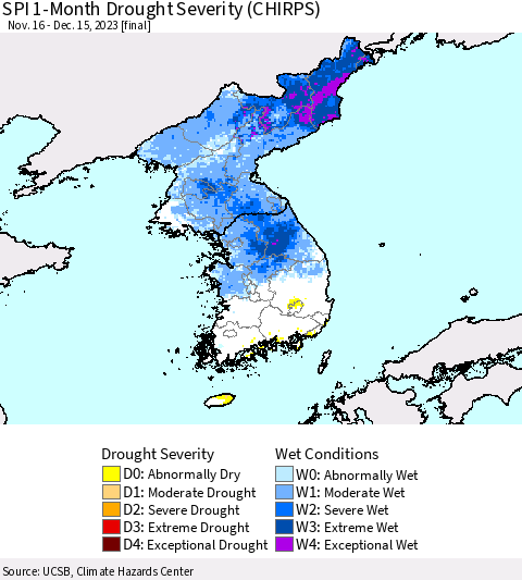 Korea SPI 1-Month Drought Severity (CHIRPS) Thematic Map For 11/16/2023 - 12/15/2023