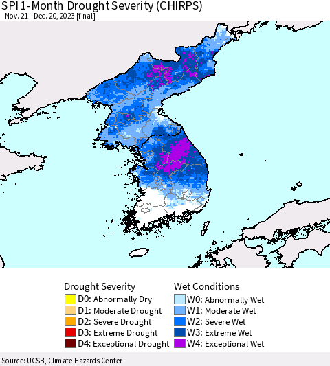 Korea SPI 1-Month Drought Severity (CHIRPS) Thematic Map For 11/21/2023 - 12/20/2023
