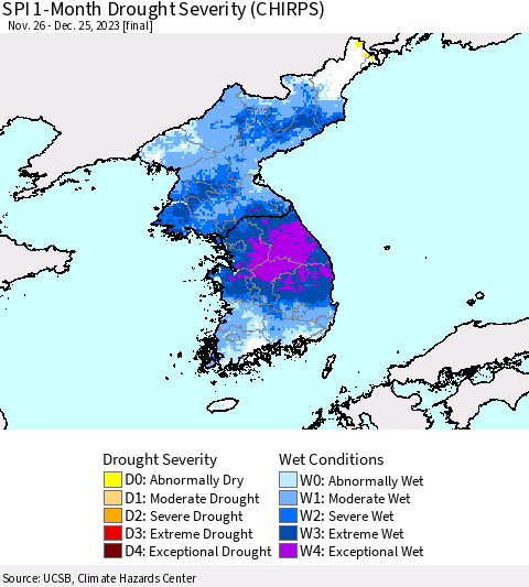 Korea SPI 1-Month Drought Severity (CHIRPS) Thematic Map For 11/26/2023 - 12/25/2023